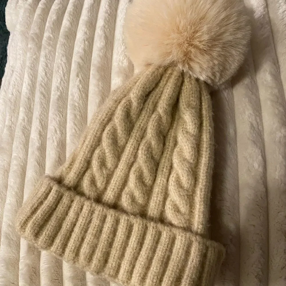 Cream Beanie with Giant puff - Picture 2 of 5